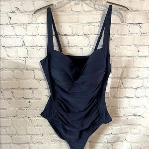 Size 12 Liz Claiborne Elegant Navy Rouched One-Piece Swimsuit. Adjustabl…
